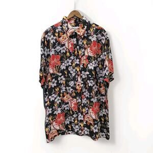Vintage Hawaii Silkyway Men's XL Hawaiian Shirt Button Down Black Red Tropical